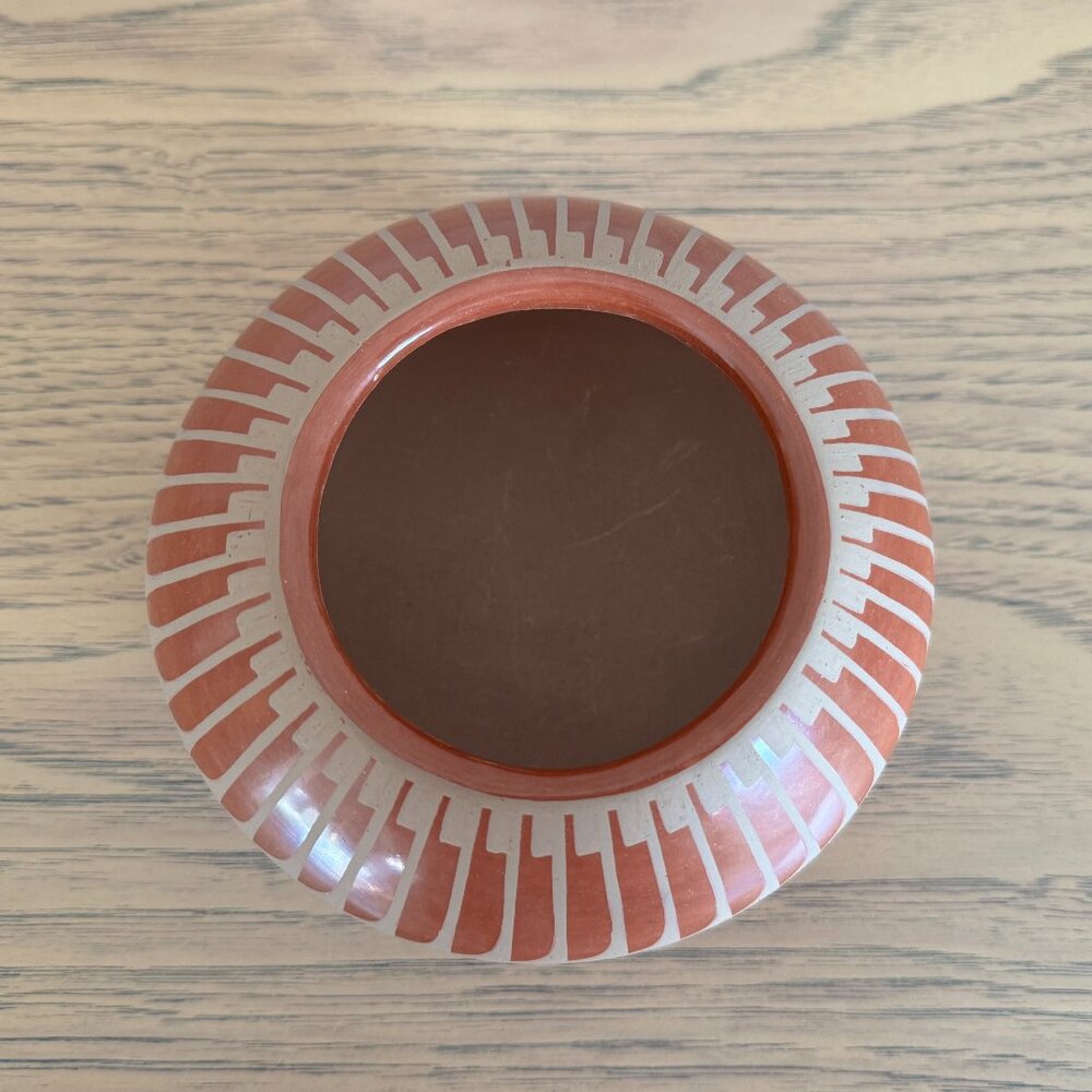 Redware jar with feather-motif decorative band, Blue Corn.